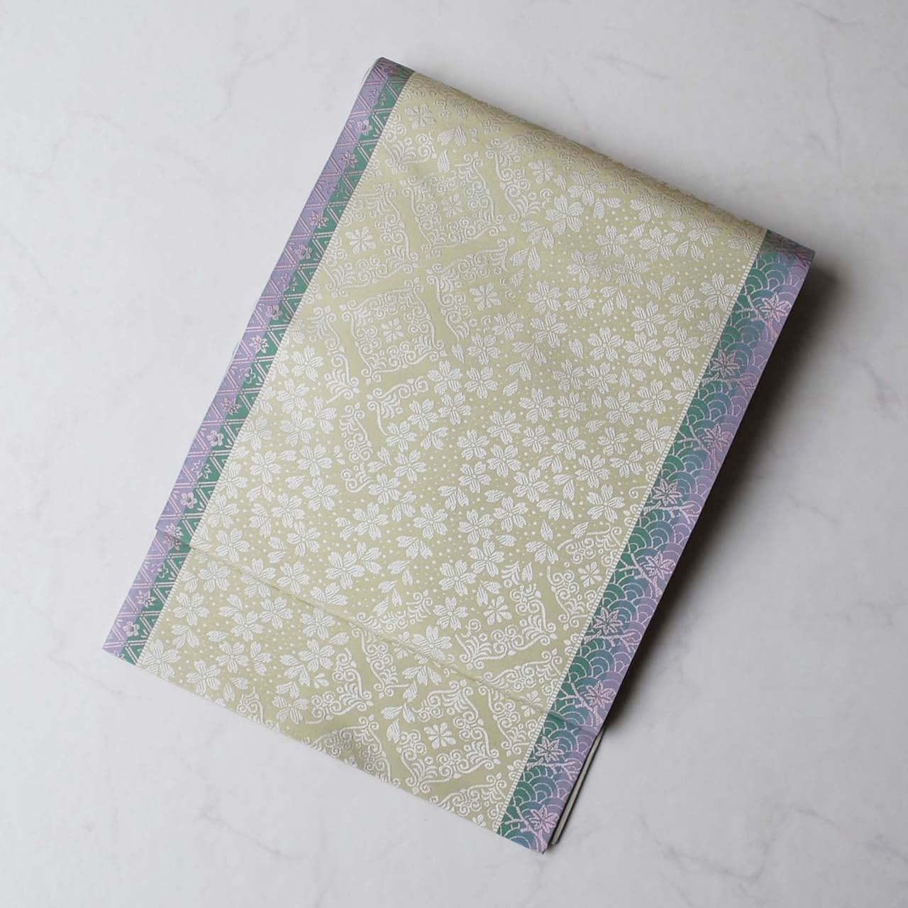 【ふくろ帯】千年工房岡野謹製 若芽色 桜アラベスク文 本場筑前博多なごや帯