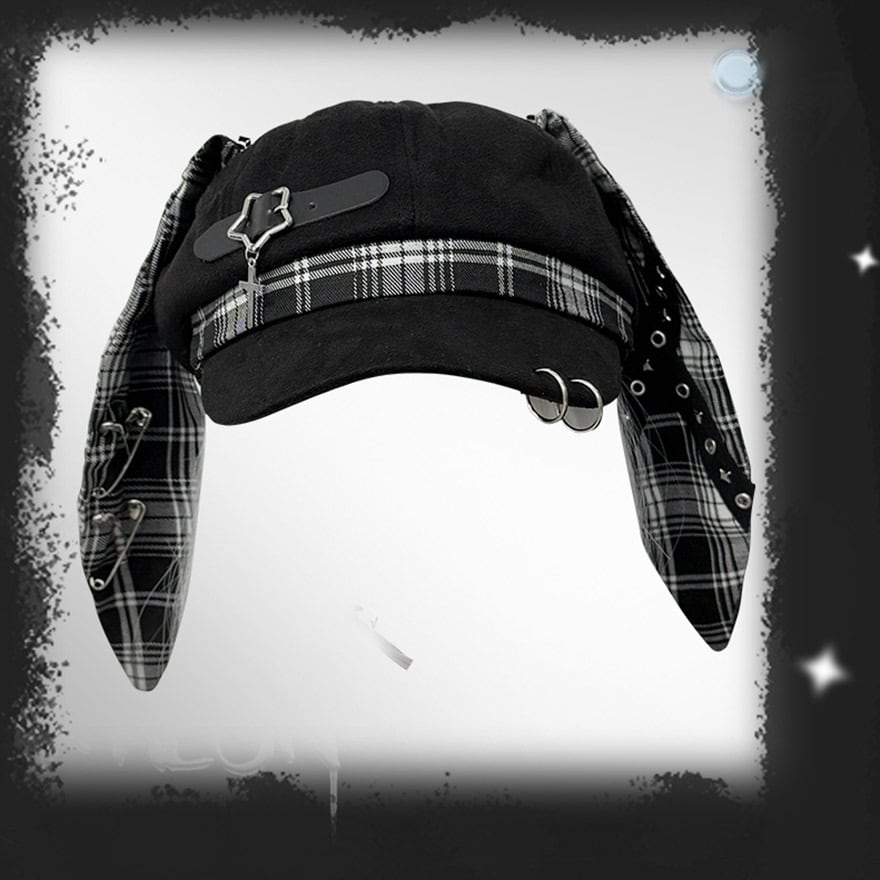 【即納】地雷系 ゴシックパンク 垂れ耳キャスケット 赤チェック 黒 ハトメ 安全ピン