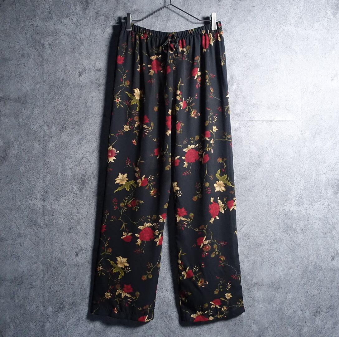 Black Flower Motif Design Sheer Easy Slacks