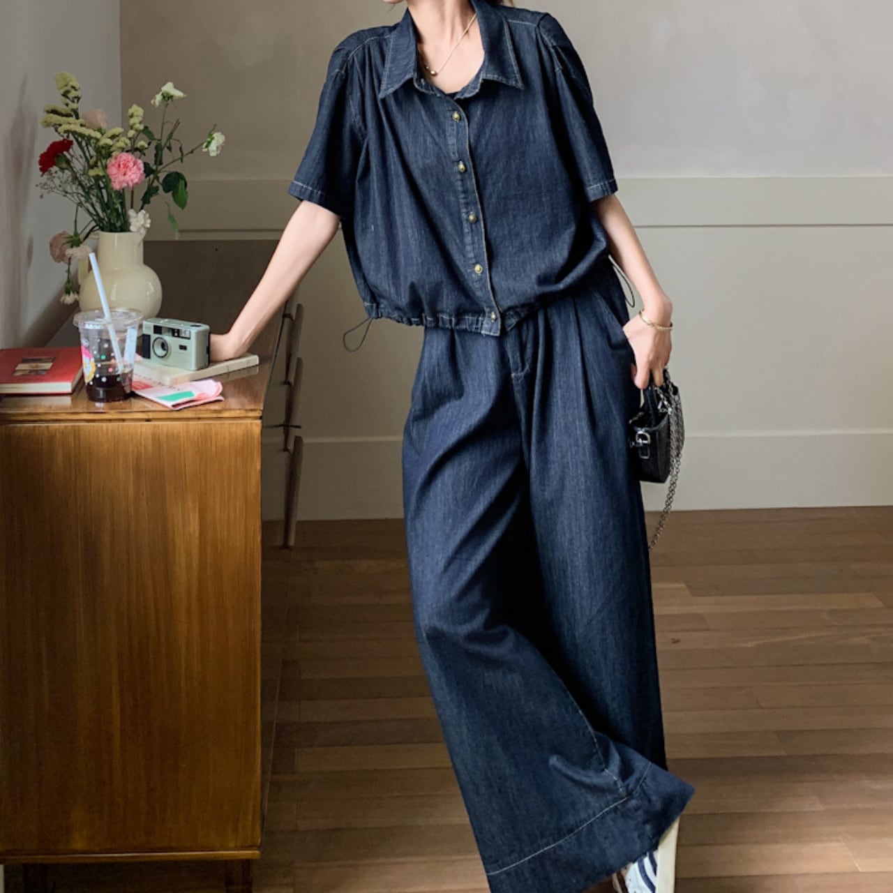 Denim shirt & wide leg pants set S1405