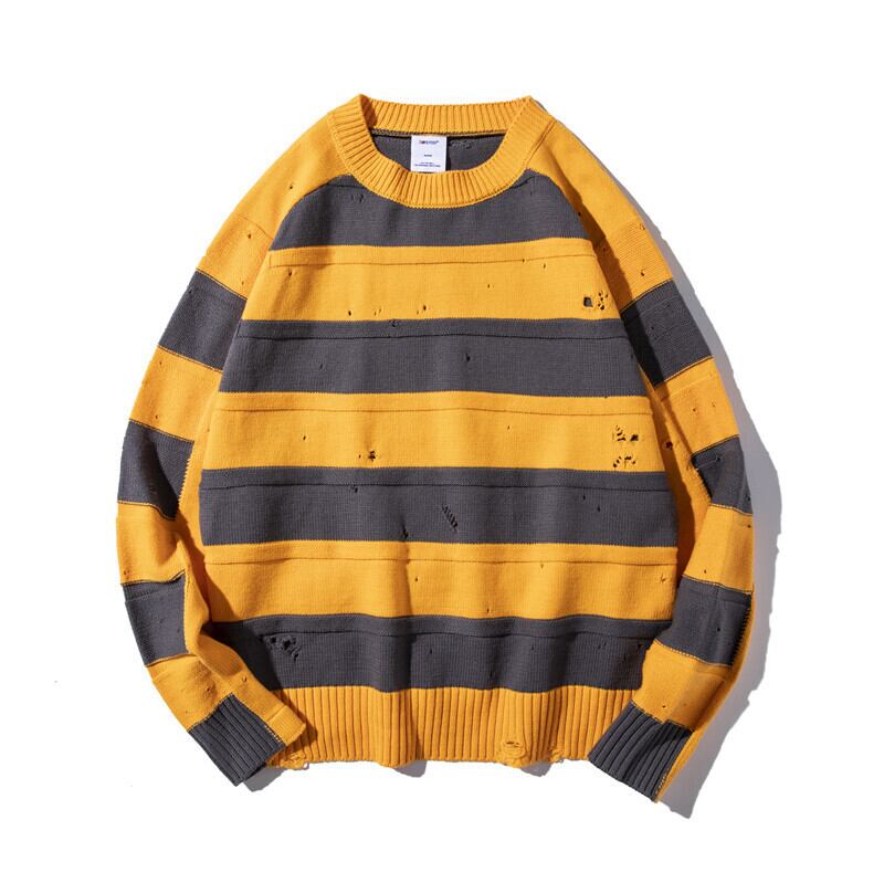Yidaoヴィンテージ秋冬ストライプコントラストカラーラウンドネックセーターeseアート小さな新鮮な穴ルーズニットセーター男性-アリババ オータム 秋物 ウィンター 冬物 Oネック ビンテージ hip6-161168120098106