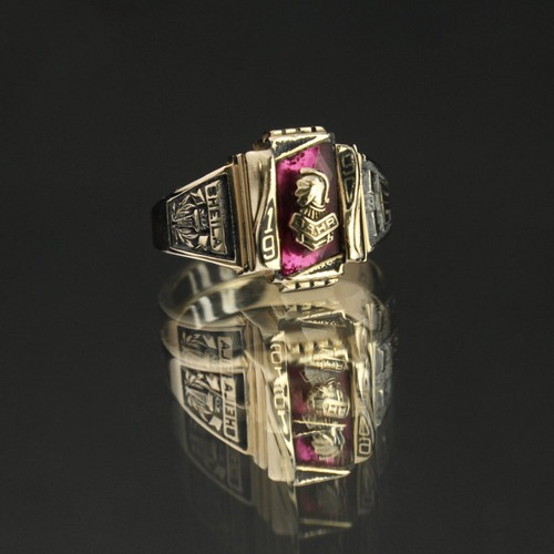 Vintage College Ring [HERFF JONES 14kt Gold] [1990s-] Ruby Grass Top & GLD Emblem