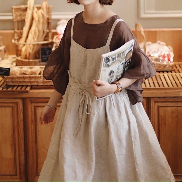リネンのエプロンワンピース ベージュws D038 Raglana