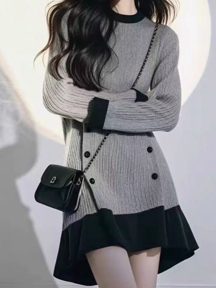 韓国アイドルみたいに可愛く 配色ニットワンピース 長袖 大人可愛い モノトーン ミニ丈 おしゃれ 上品 オフィスカジュアル 細見え 体型カバー 大きいサイズ 韓国 CH11332