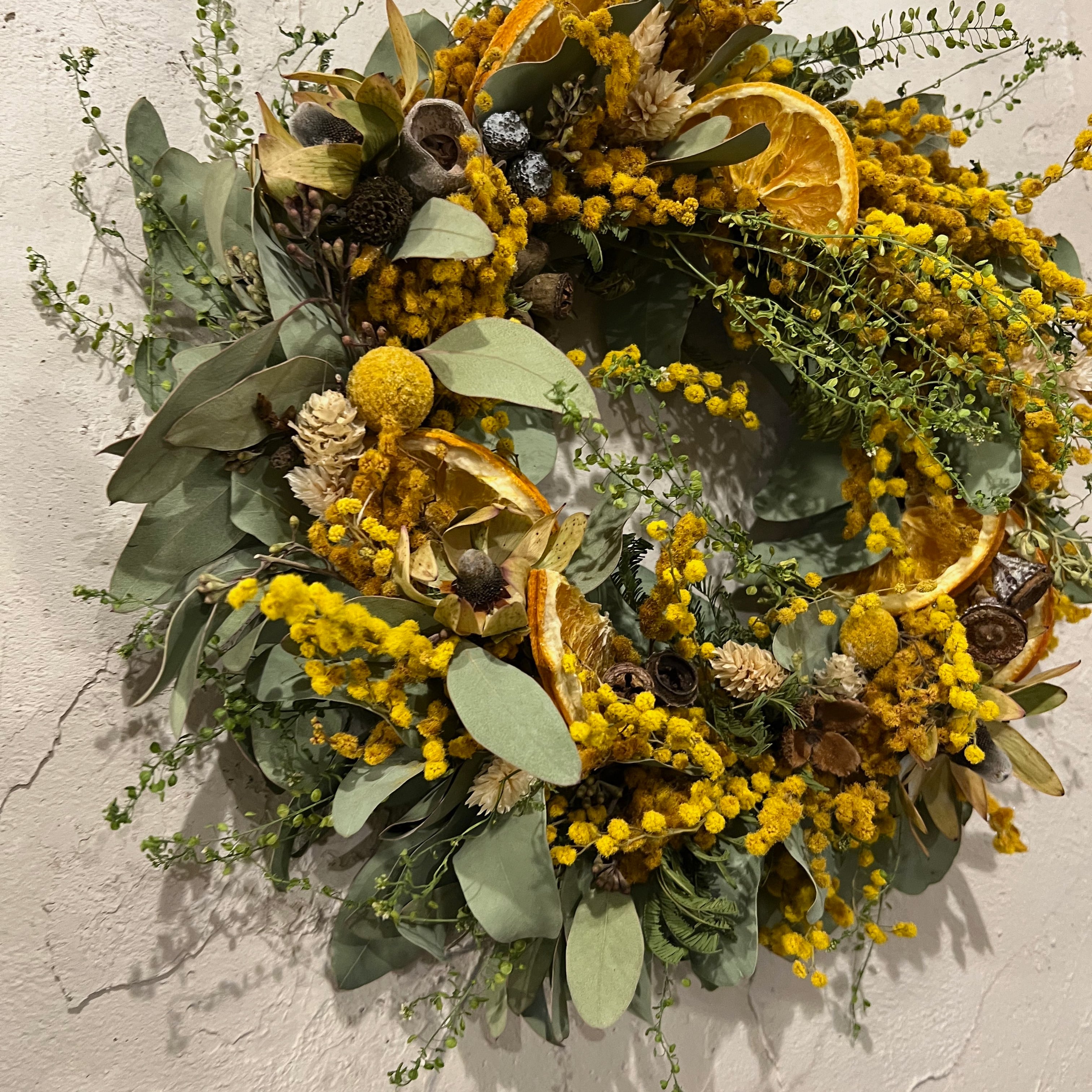 Dried flower mimosa wreath ドライフラワーリース ミモザ×ユーカリ×オレンジスライスの黄色いリース  壁飾りドアリース/2022002 | number12 powered by BASE