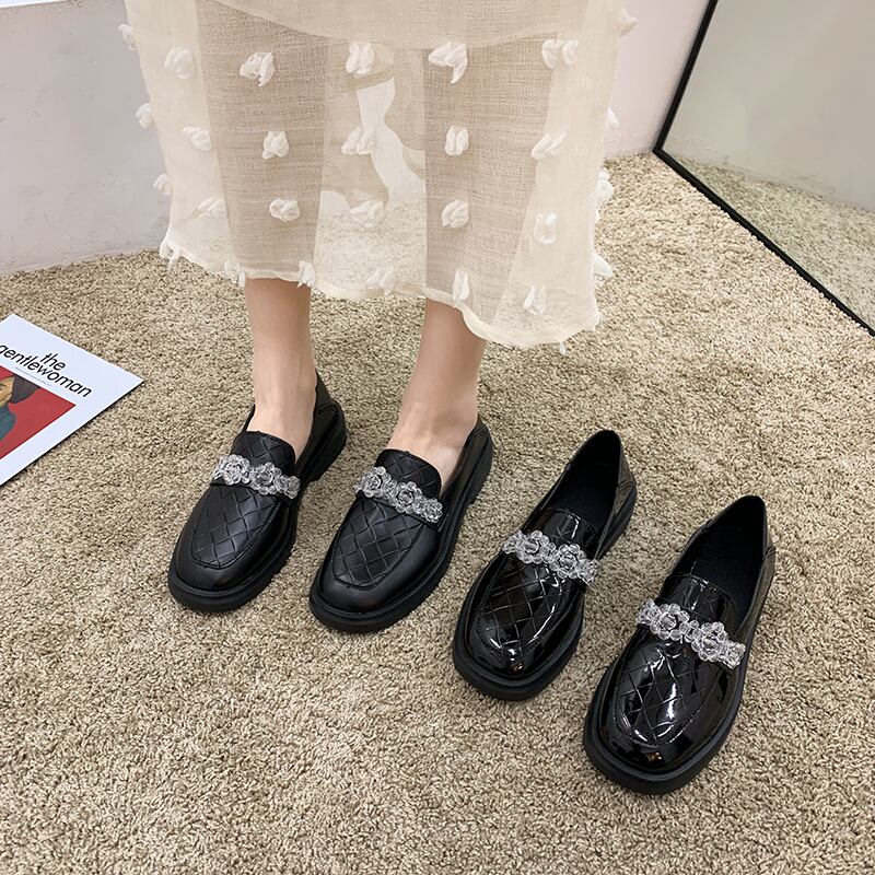 スタンダードスタイルレザークリスタルフローラル 靴 シューズ レトロ ローファー 花柄 スクウェア フェイクシューズ29934697399