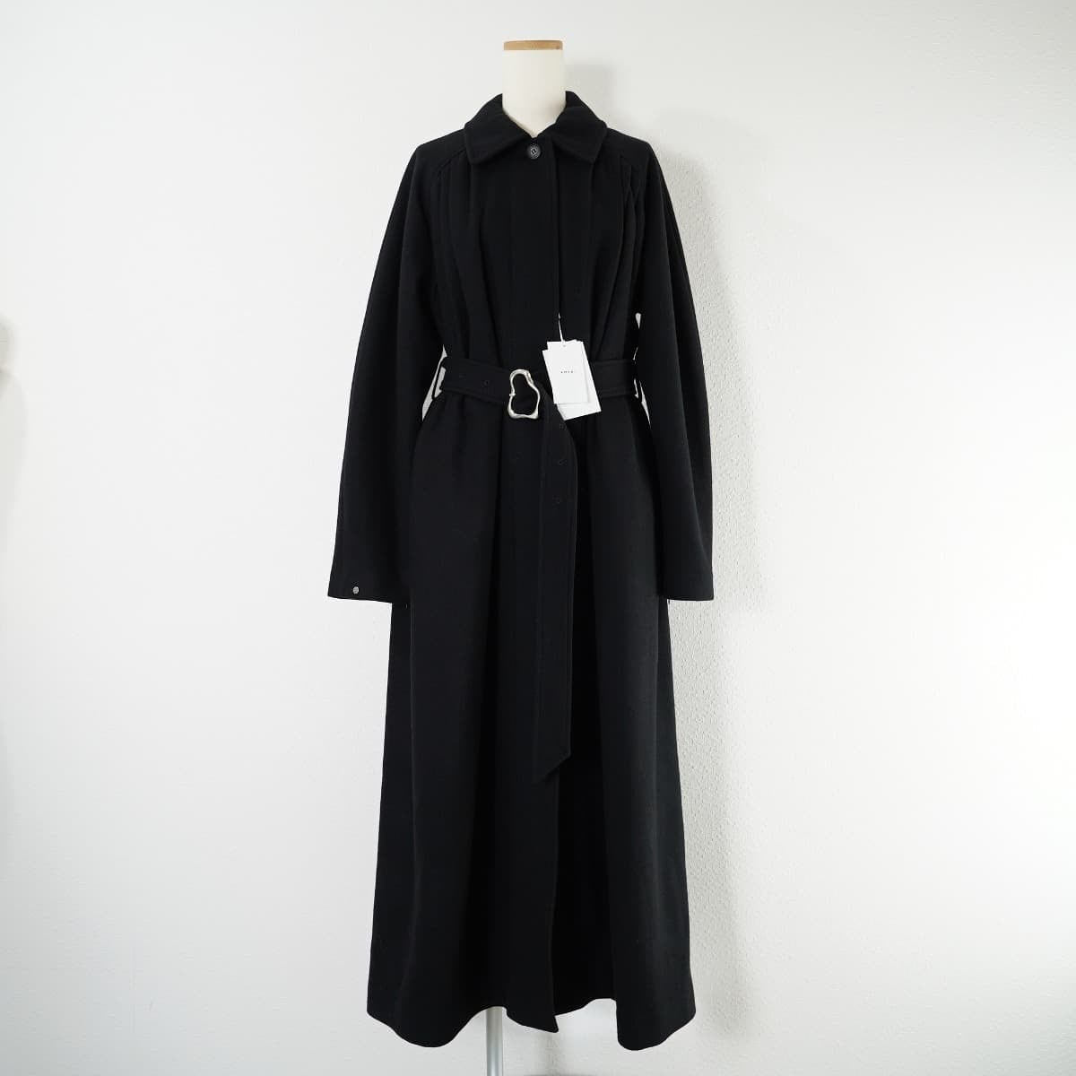 22-23AW 未使用 AMERI アメリ UND FRONT GATHER OPEN SLEEVE COAT フロントギャザーオープンコート  ウール混 フレア ロングマキシ 黒 | 「フクル」ファッションブランドユーズドセレクトショップ powered by BASE