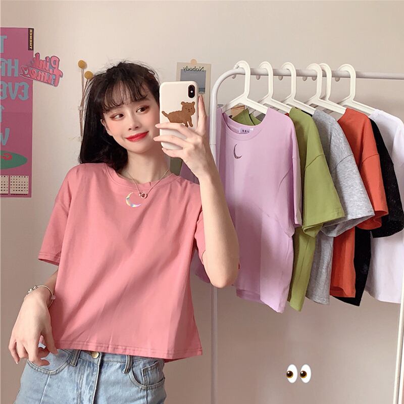 Tシャツ スプリングサマーラウンドネックソリッド カラーパターンショート薄手トップス 春物 夏物 Oネック ソリッドカラー 萌量不足39386454459