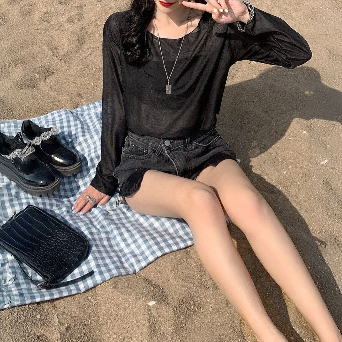 シアートップス 透け感 シースルー レディース 春夏秋 韓国 シアー Tシャツ おしゃれ きれいめ 重ね着 レイヤード 大人 カジュアル 無地 肌見せ 薄手 日焼け対策 大人可愛い 大人女子