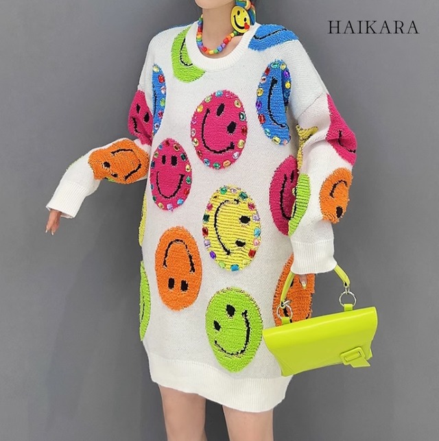 Stone & colorful smiley knit dress（即納品）在庫限り
