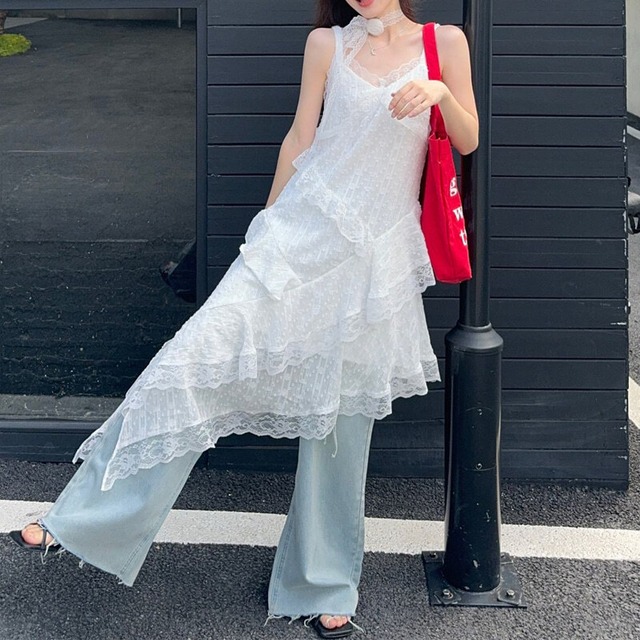 Asymmetry lace cami dress　M568