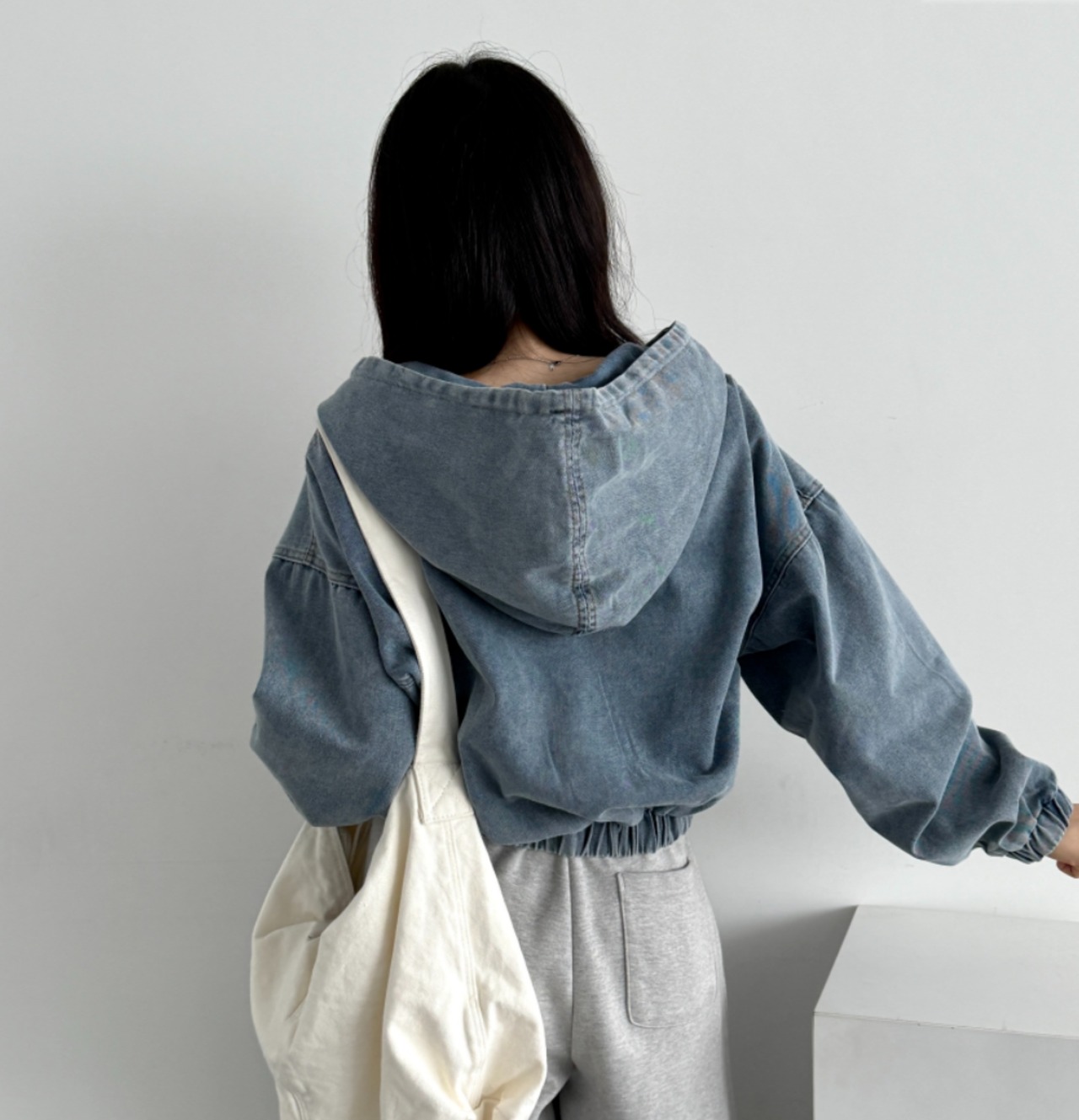 フード付き デニムブルゾン ブルー デニムジャケット ショート丈