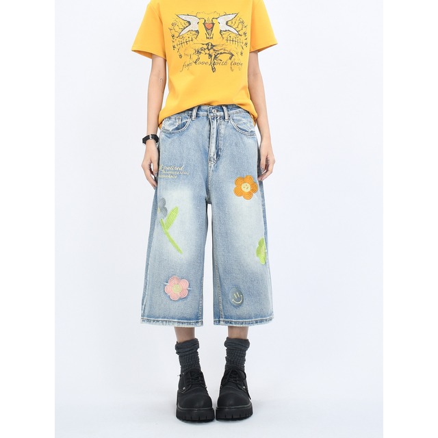 フラワーパッチクロップドデニムパンツ 2col   R02404