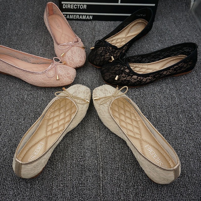 レディース メッシュバレーシューズ レース フラット 通気性 韓国ファッション オルチャン / Flat square hollow breathable lace shoes (DCT-549873106795)