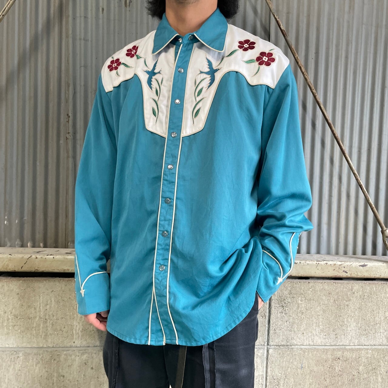 Scully 長袖 ボタニカル柄 刺繍 ウエスタンシャツ メンズL相当 古着 