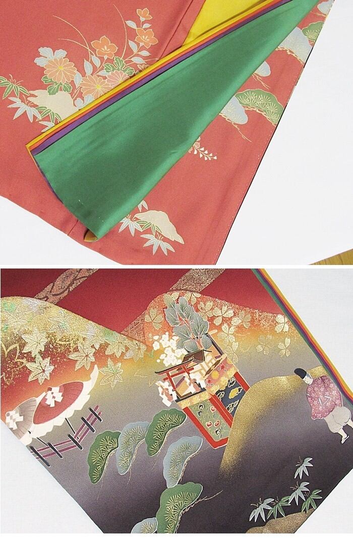 未使用】振袖 正絹 一越 共八掛 幾久重袖 東山に鉾(祇園祭) 海老茶