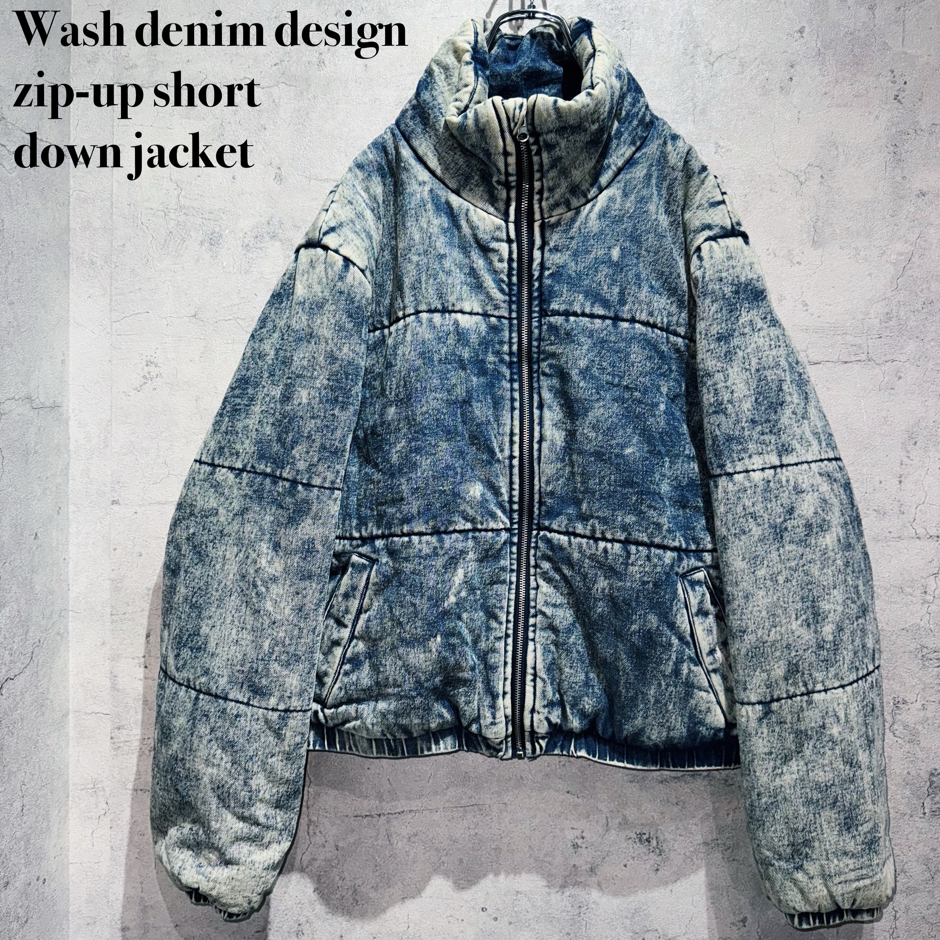 Wash denim design zip-up short down jacket