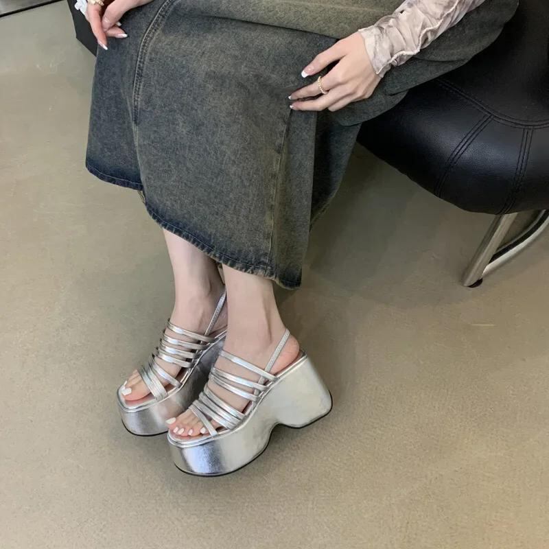 女性用シルバーウェッジサンダル,プラットフォームシューズ,ブラックベルト,ハイヒール,グラディエータースタイル,chunkyヒール,夏用_131