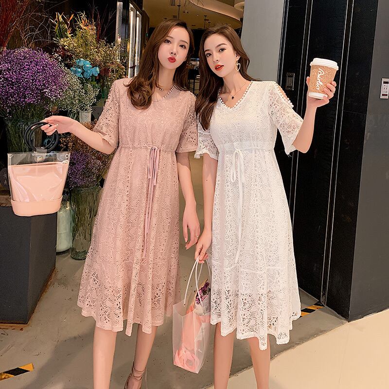【新作】【送料無料】 妊娠中の女性夏服半袖のレースドレス巾着ウエストマタニティレースドレス裏地付き甘い膝丈 ショート ハーフスリーブ 大人ガーリー スウィート キュート カジュアル サマー 夏物 AL expec363861090538