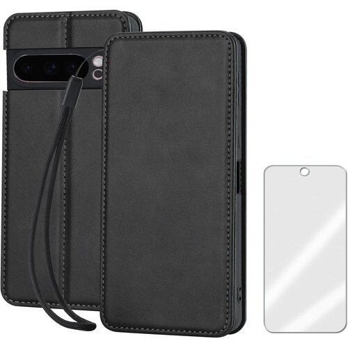 Google Pixel 9 Pro XL ケース 手帳型 wangChuan ピクセル9 プロ XL レザーケースカード収納 内蔵マグネット式 携帯ストラップ付き、ガラスフィルム付き ブラック 2777