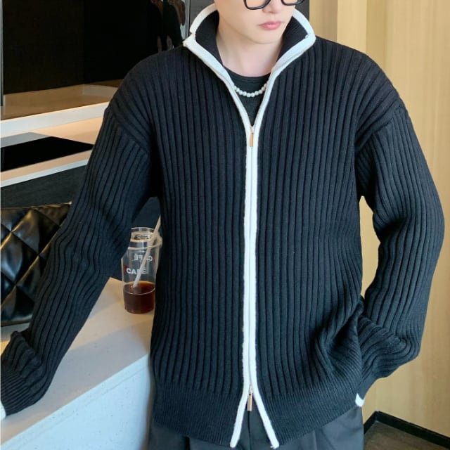 【予約販売】カーディガン ニット ハイネック ジップアップ シック バイカラー シンプル ホワイト/ブラック ショート丈 メンズ カジュアル 男前 こなれ感 お洒落 韓国 トレンド 秋 冬 M/L/XL