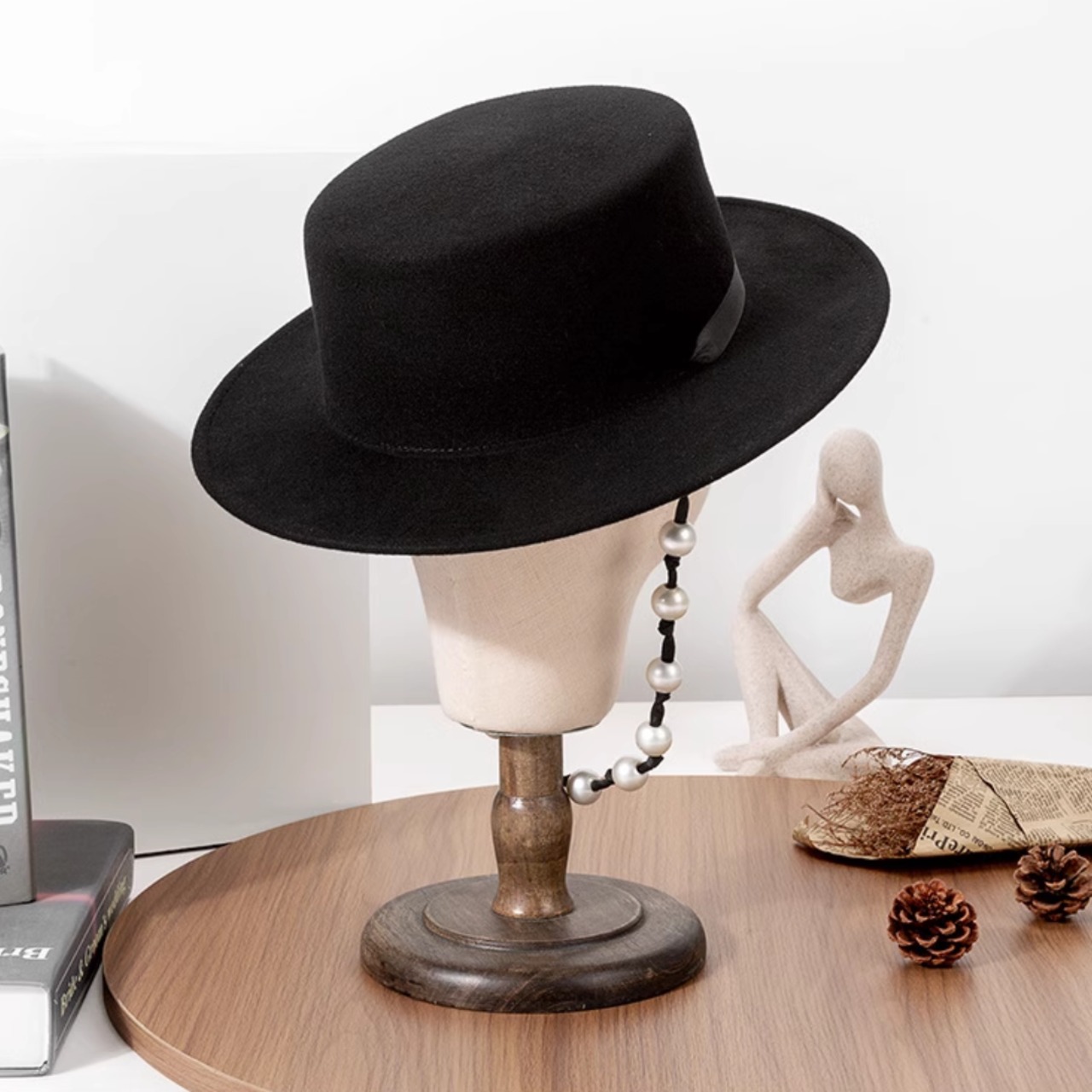 Wool flat top hat with pearl strap (ME014)