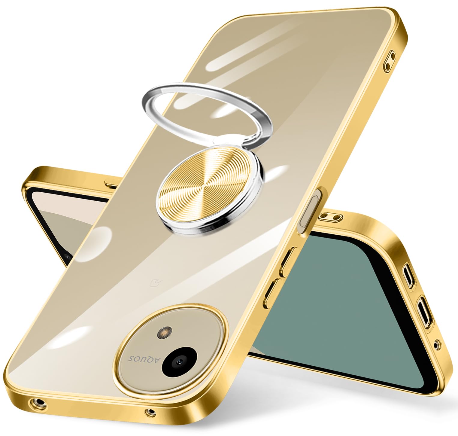 Aquos Wish 4 用 ケース リング付き クリア aquos wish4 ケース 耐衝撃 スタンド機能 ストラップホール付き 軽量 スリム ソフト TPU 透明 SH-52E カバー アクオス ウィッシュ4 スマホケース 擦り傷防止 落下防止 (ゴールド)