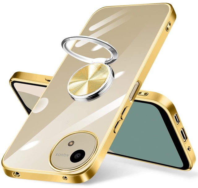 Aquos Wish 4 用 ケース リング付き クリア aquos wish4 ケース 耐衝撃 スタンド機能 ストラップホール付き 軽量 スリム ソフト TPU 透明 SH-52E カバー アクオス ウィッシュ4 スマホケース 擦り傷防止 落下防止 (ゴールド)