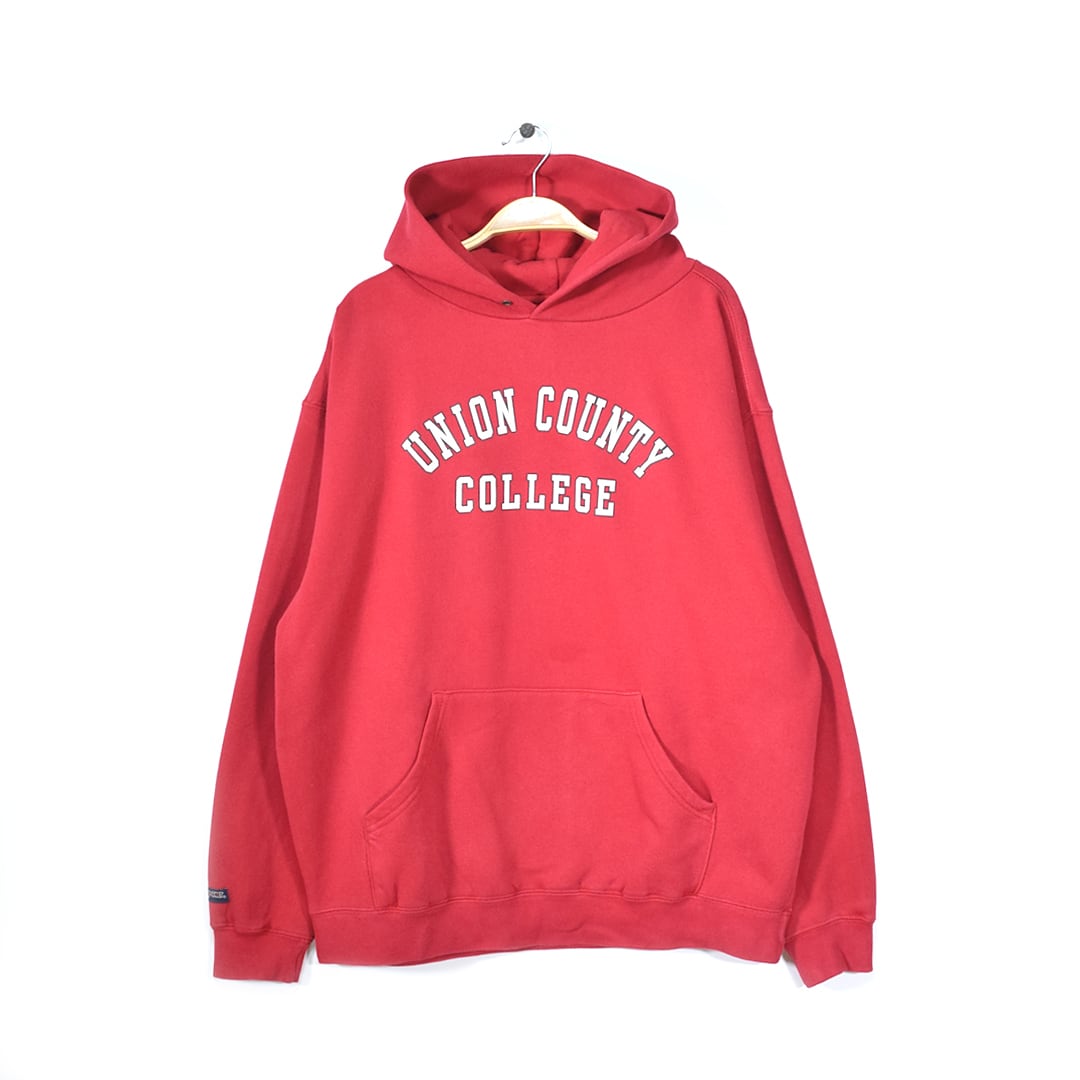 ジャンスポ スウェットパーカー カレッジプリント UNION COUNTY COLLEGE アーチロゴ 赤 レッド JANSPORT サイズL 古着 @CG0418