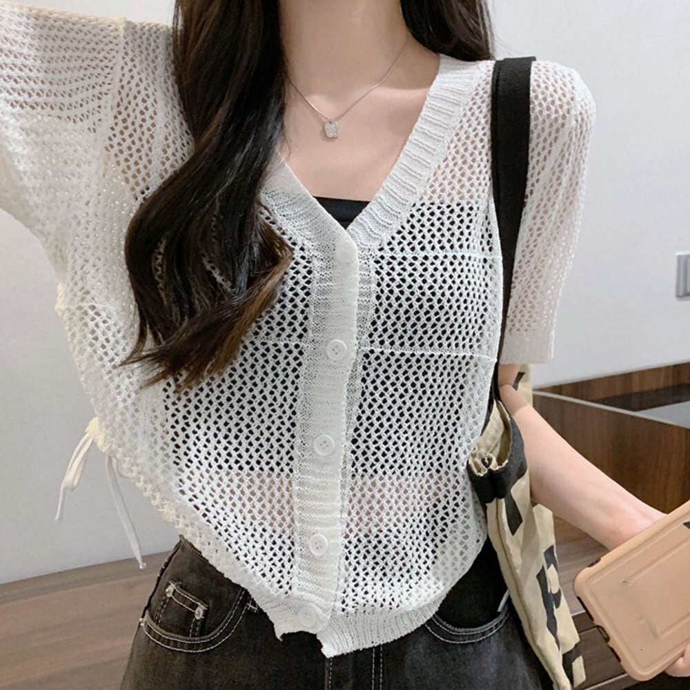 メッシュ ニット カーディガン レディース 春夏秋 韓国 透かし編み きれいめ 大人 かわいい トップス 羽織り おしゃれ 重ね着 Vネック ゆったり 肌見せ 大人可愛い 大人女子