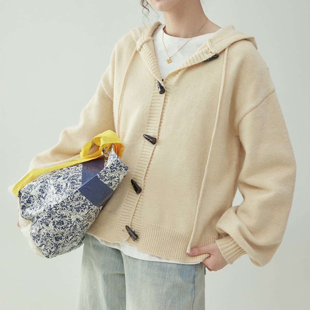 knit sweater with square button hood