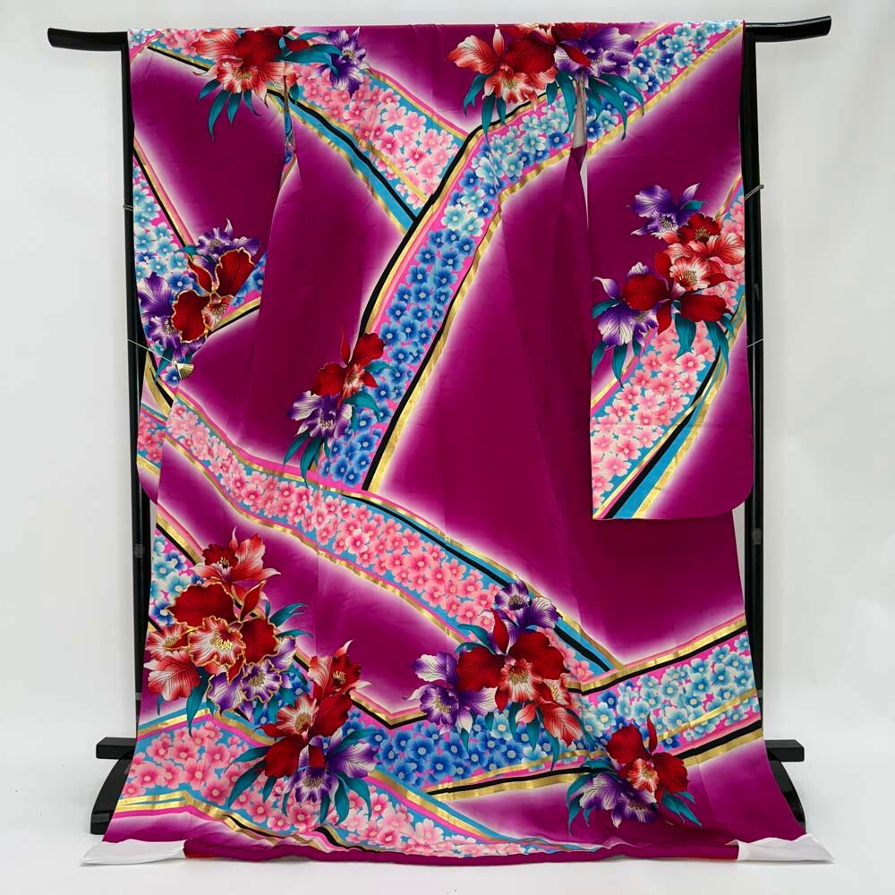 本振袖 引き振袖 正絹 紫色 花柄 古典 刺繍 結婚式 裄66cm 身丈181cm Bランク 花嫁衣装 Mサイズ 4932