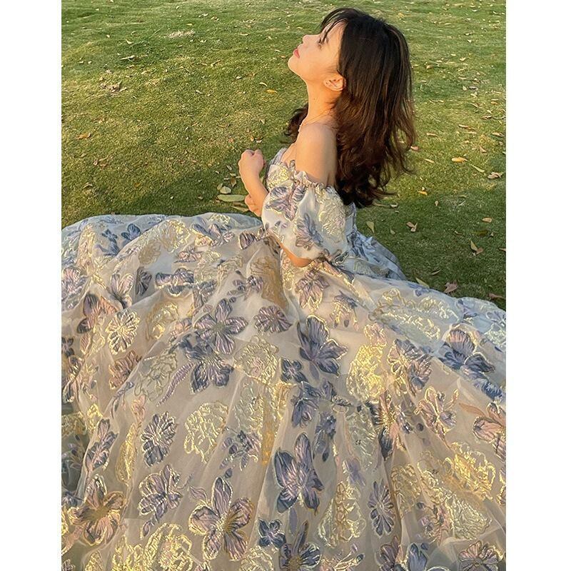 レディース ロングドレス イブニング チューブトップ ゴールド 花柄 