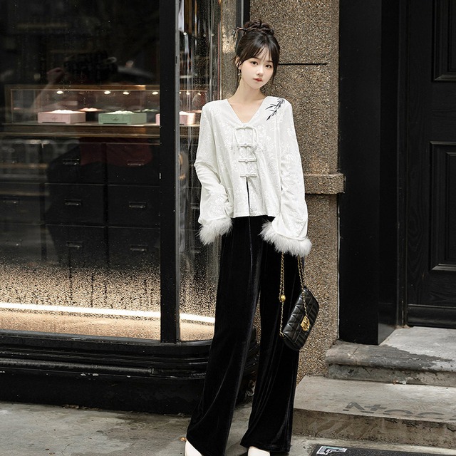 ゴスロリ通販 With U チャイナ風 中華系 セットアップ トップス 長袖シャツ Vネック ワイドパンツ 大人増し 大人かわいい パーティ お呼ばれ ガーリー lolita