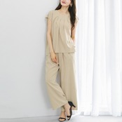 【SALE 20％OFF】【 リラクシーに整う 】 リネンライク・セットアップ［タックブラウス＋ワイドパンツ］（776240）
