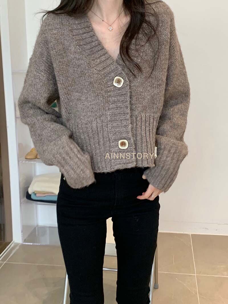 カーディガンセーター スプリングオータムスタンダード薄手長袖スリーブVネックコート ロング レトロ 春物 秋物 ビッグFスモールZ韓国36270021768