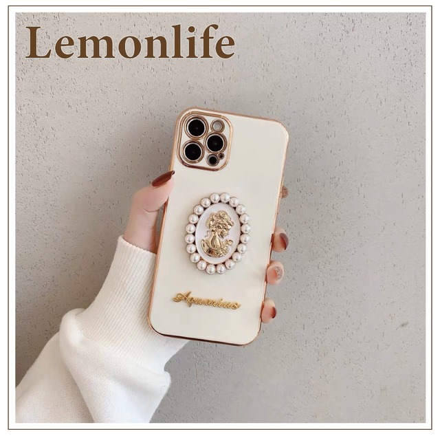 パールカメオが付きホワイトiPhoneケース☆iPhone 11 / 11pro / 12 / 12pro / 13 / 13pro / 13mini / 13promax