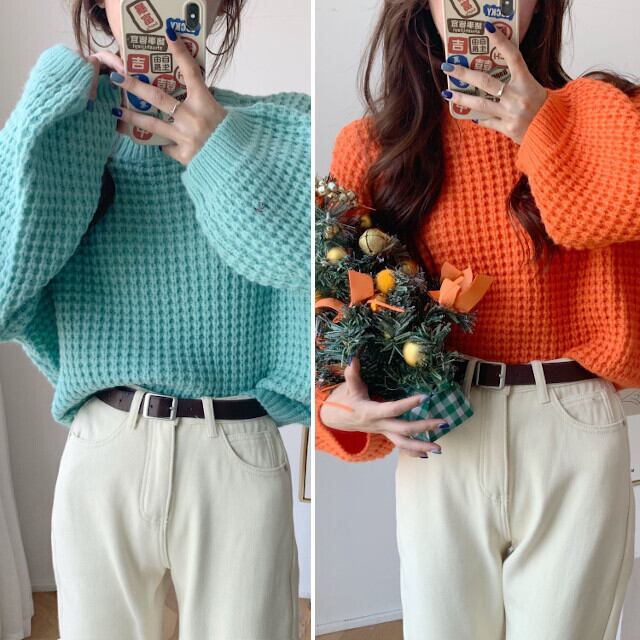 全5色 レディース 春カラー トップス ボリューム袖 ワッフルニット 長袖 カラバリ豊富 ミント/イエロー/オレンジ/ベージュ/レッド