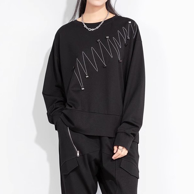 デザイン 長袖 ヒップ丈 クルーネック プルオーバー 1color PU0454