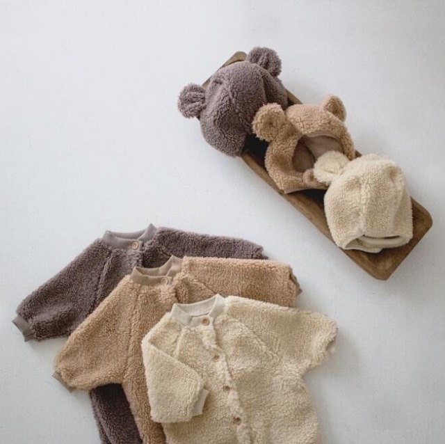 66-73cm即納｜くま耳もこもこロンパース｜帽子付き