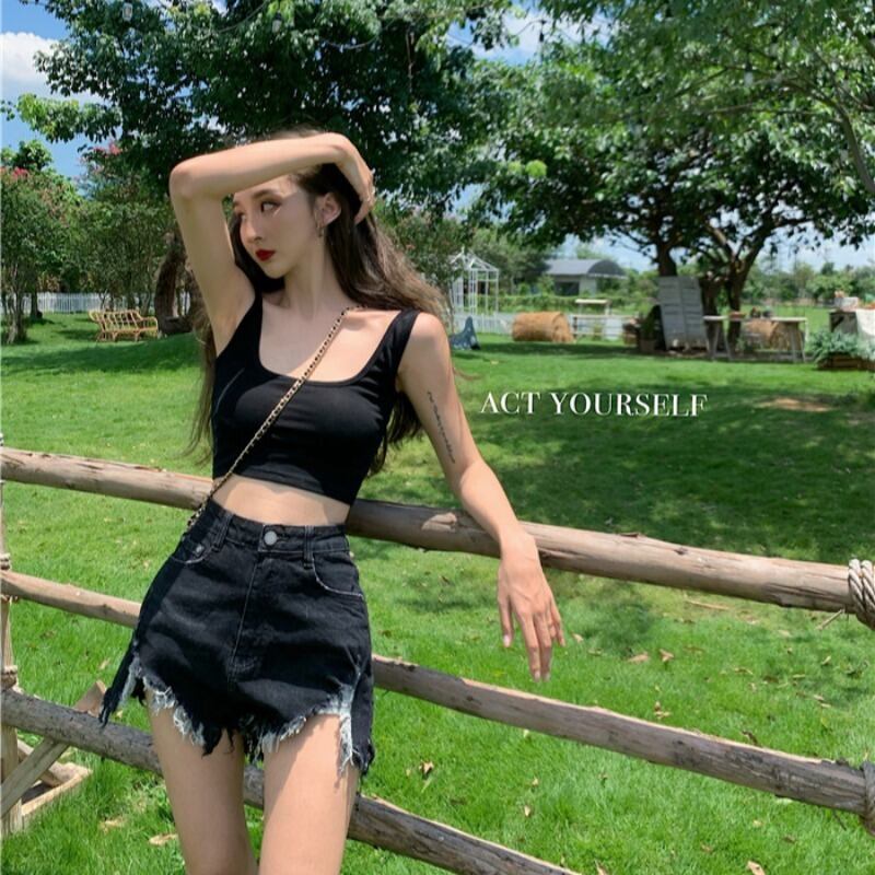 リップドデザインセンスロウエッジジーンズレディースサマーハイウエストルーズショートパンツ2020新しい薄いtelパンツ ブラックストロベリース54090784811