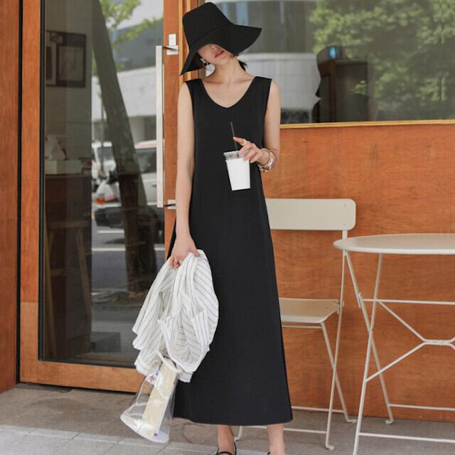 ワンピース レディース ロングワンピ ロング丈 ノースリーブ ラウンドネック カジュアル リラックス フレア おしゃれ 旅行 こなれ感 春夏 ビーチ プール ブラック/グレー サイズ展開豊富 S/M/L/XL/2XL/3XL