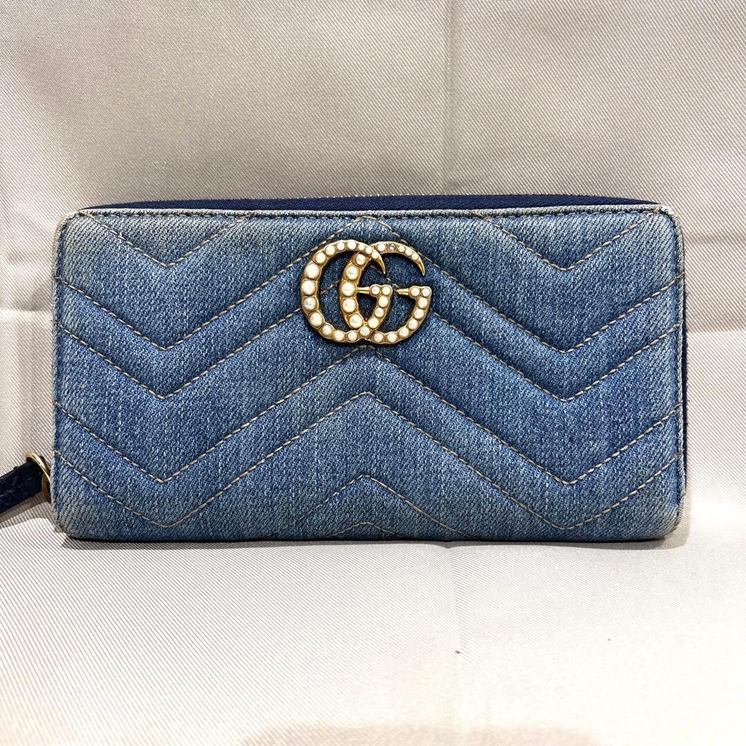美品 GUCCI グッチ GGマーモント 長財布 デニム レディース ジッピー 美品 GUCCI グッチ GGマーモント 長財布 デニム レディース ジッピー