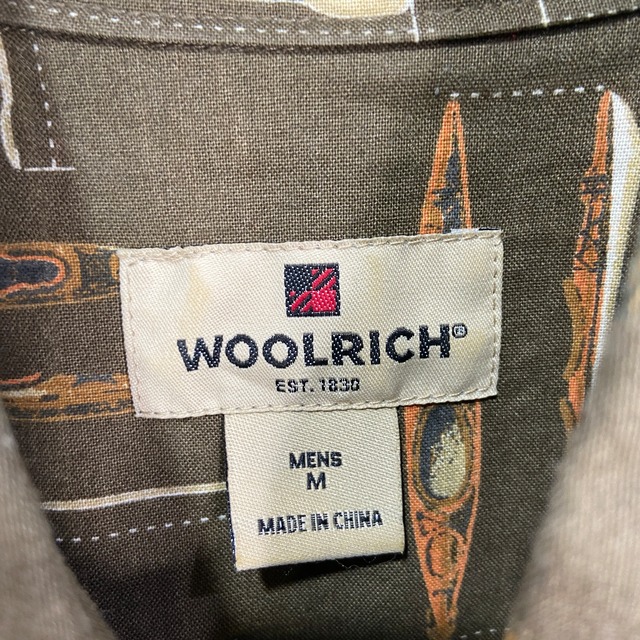 WOOLRICH ウールリッチ　総柄ボタンダウン半袖シャツ　カヌー柄　カーキ　M