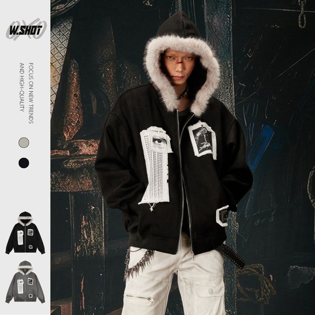 ストリート ファーカラーパッチプリント ジップパーカー T2021