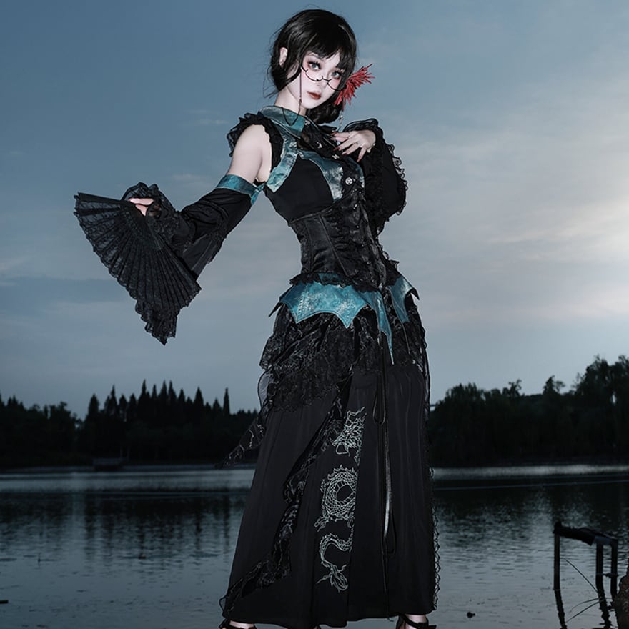 ゴスロリ チャイナドレス ドラゴン 刺繍 ロングスカート フィッシュテール イベント 舞台衣装 コンカフェ