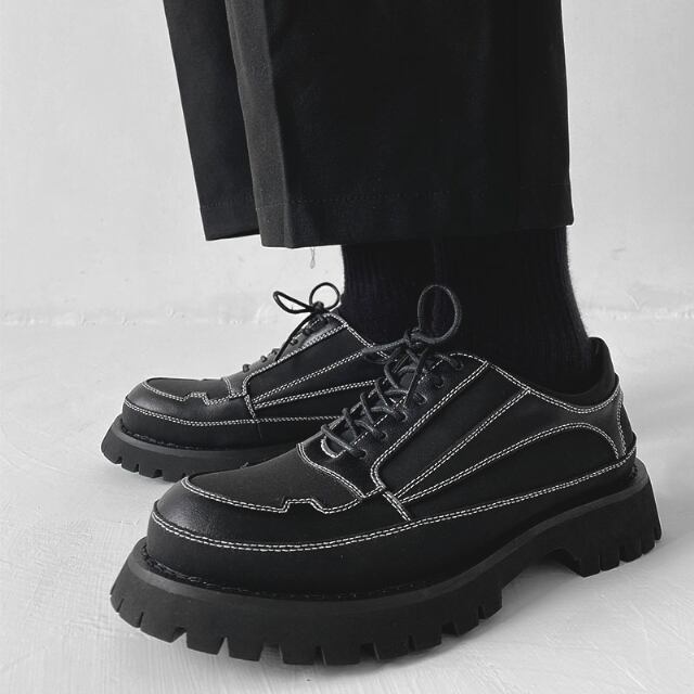 【予約販売】レザーシューズ 革靴 メンズ ローファー ホワイトステッチ レースアップ 厚底 シンプル 靴 デザイン フォーマル モード ブラック 黒 クラシカル お洒落 カジュアル シック パーティー 結婚式 24cm/24.5cm/25cm/25.5cm/26cm/26.5cm/27cm