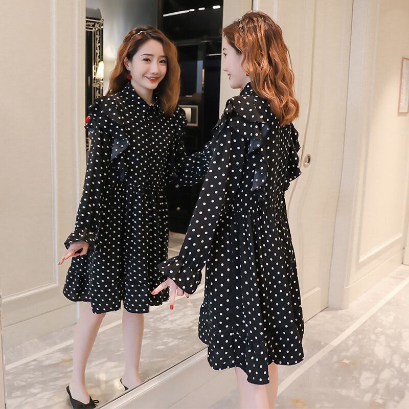 【新作】【送料無料】 マタニティウェア2019秋バージョン新しいファッションルーズウェーブドットウエストミドル丈プラスサイズマタニティドレストレンド-アリババ 大きめサイズ オータム 秋物 expec277486675935