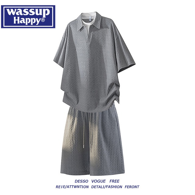 【WSシリーズ】★セットアップ★ 3color ユニセックス POLOシャツ+短パン 大きいサイズ フェイクレイヤード 半袖
