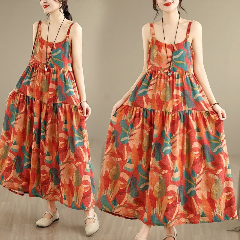 LINEN PRINT SLEEVELESS MAXI DRESS M-17686